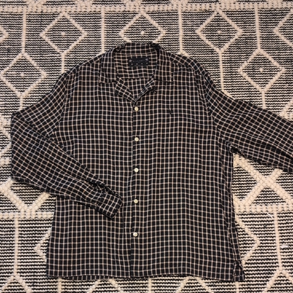 All Saints Black and Beige Plaid Camp Shirt